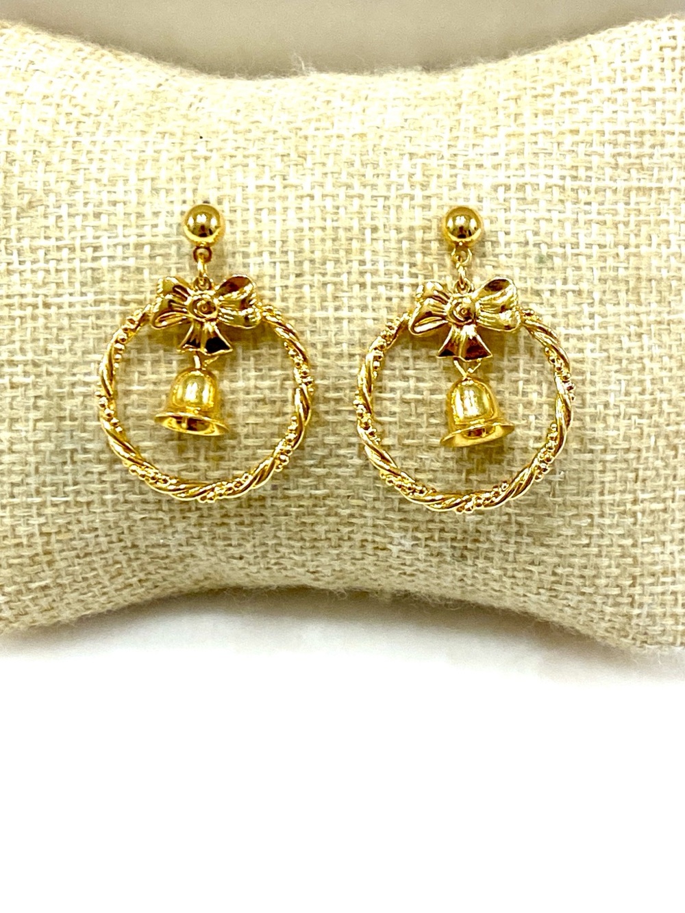 Vintage Avon Gold Bow & Bell Hoop Drop Earrings